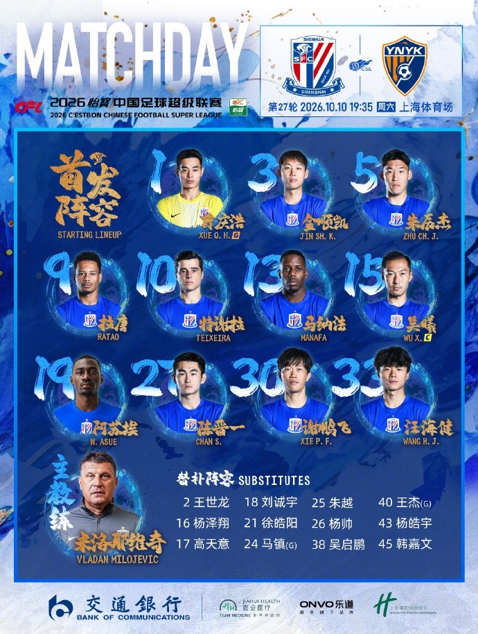 上海申花VS云南玉昆 首发名单 ​​​
