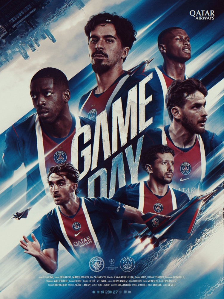 巴黎晒海报预热客场挑战曼城：欧洲比赛日！⚔️❤️💙